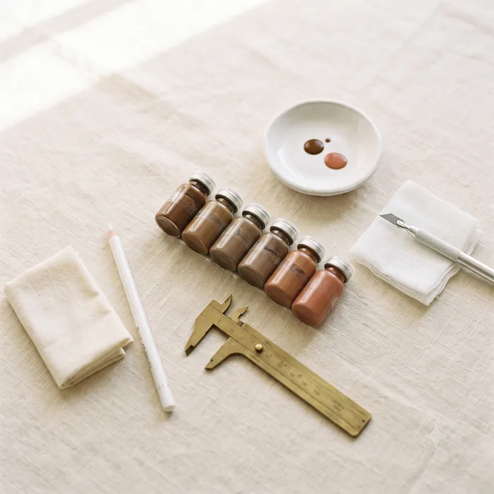 Pigments, calipers and tools laid out on linen