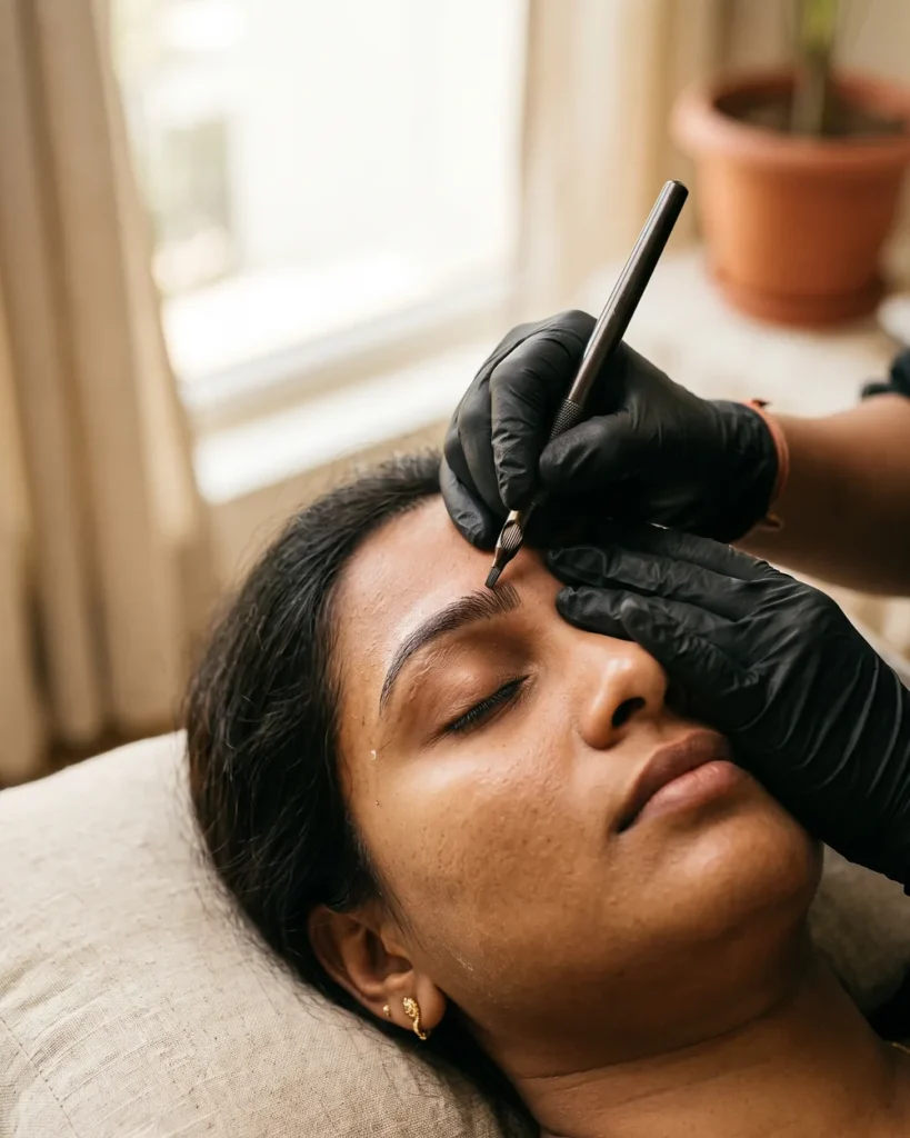 Hair strokes being drawn by hand during a microblading session