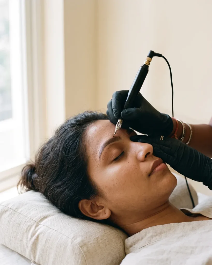 Pigment being misted into the brow with a rotary machine for powder brows