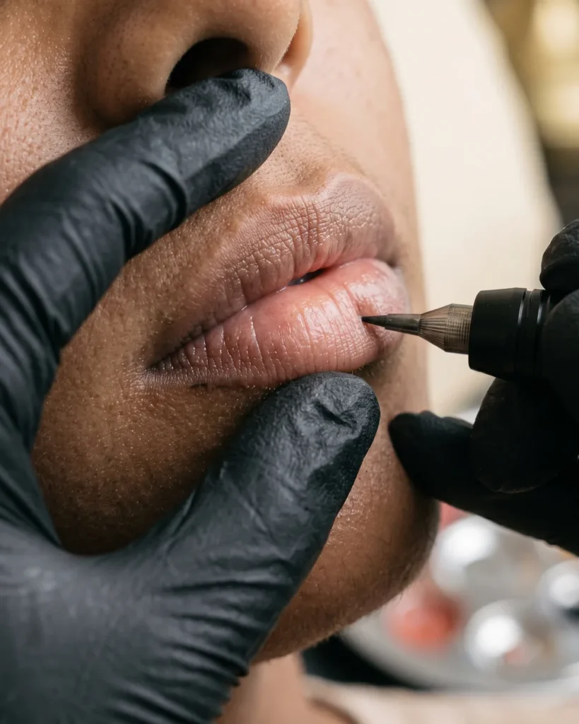 Pigment being worked along the lip line during a lip blush session