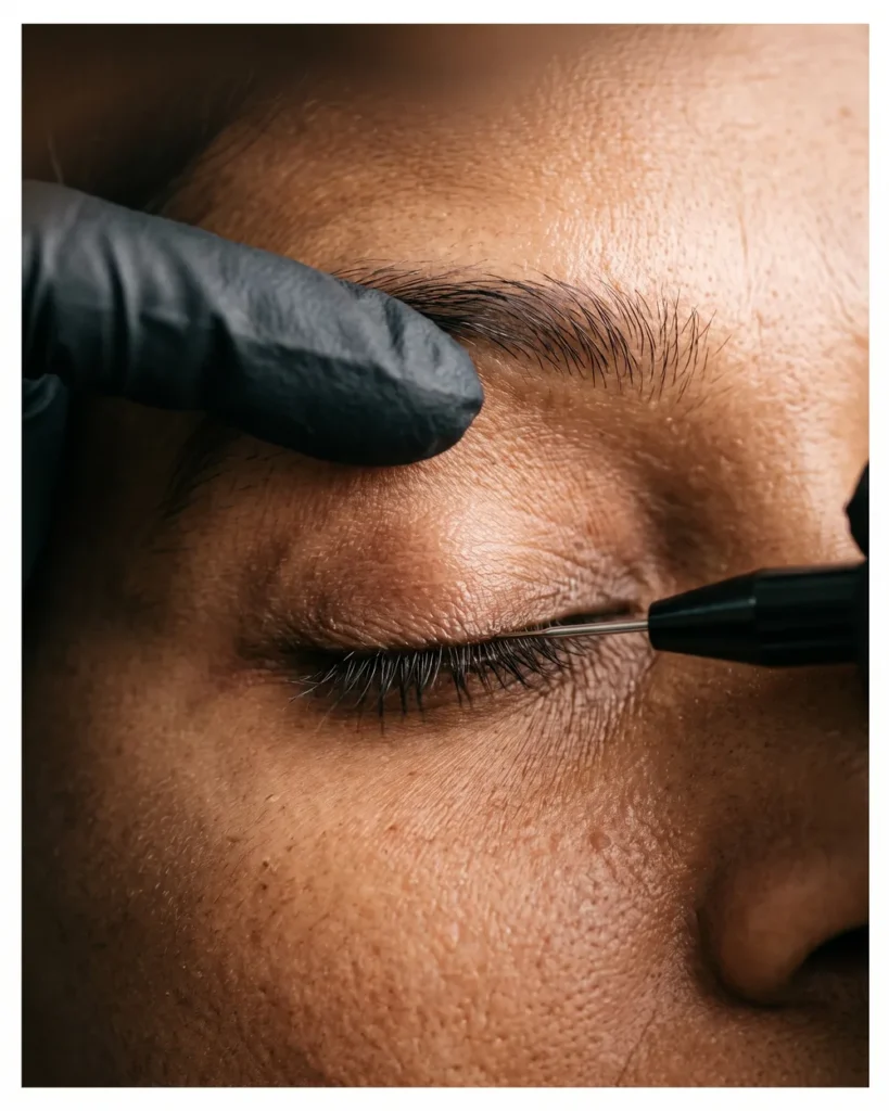 An ultra-fine needle at the lash line during an eyeliner tattoo session