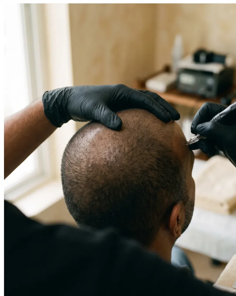 Micro-impressions being placed along a thinning hairline during scalp micropigmentation